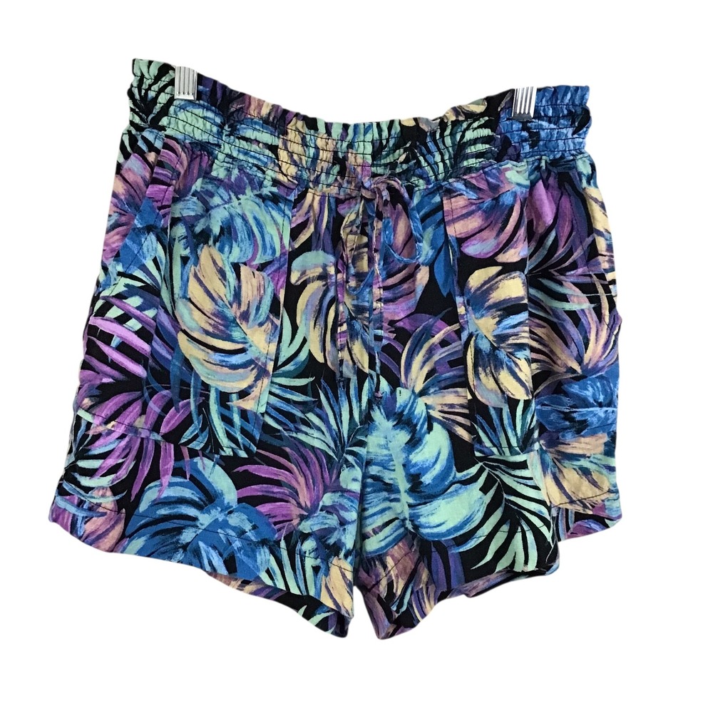 Time and Tru Womens XS Tropical Palm Print Linen Blend Smocked Shorts